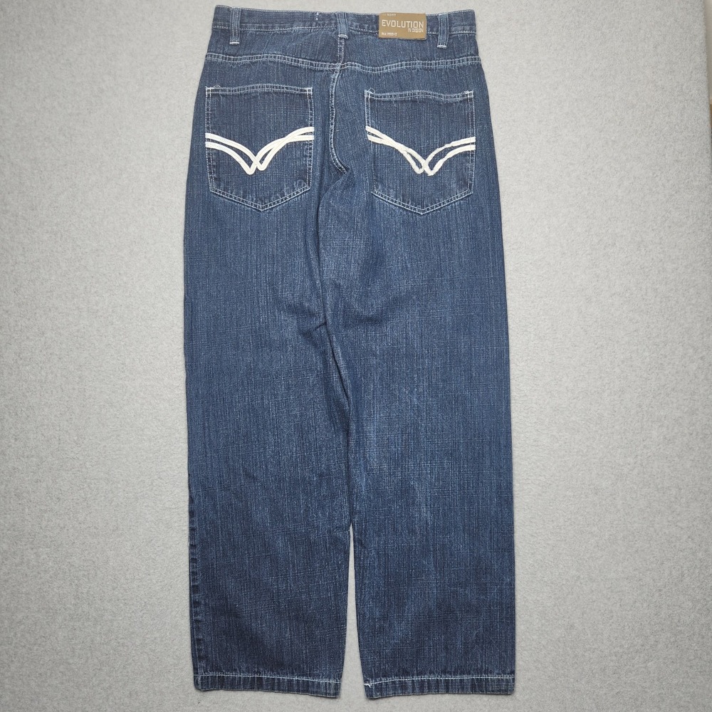 Evolution Design Jeans 34x32 Wide Leg Straight‎ Street Hip Hop Embroidered Y2K